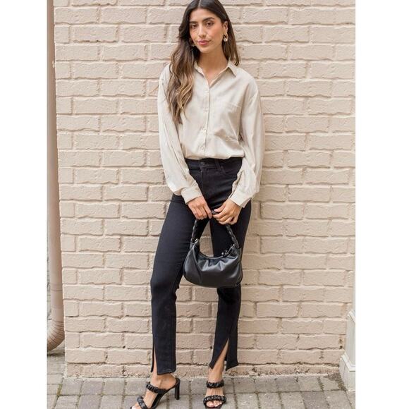 Pistola Teagan Vented Straight Jeans Size 28 Dark Vinyl Black High Rise Slit - Picture 4 of 15